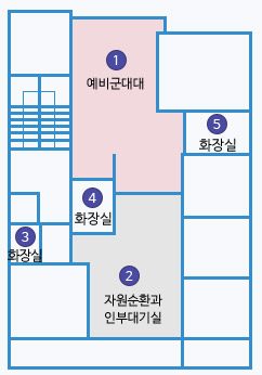 제3별관 4층 배치도 : 1 예비군대대 맞은 편 2 자원순환과 인부대기실 있음. 3. 화장실, 4 화장실, 5 화장실 있음.