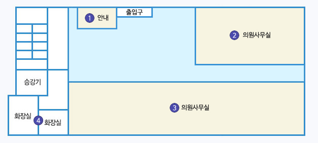 의회 1층 배치도 :  출입구 옆 1.안내 2.의원사무실 3.의원사무실 승강기 옆에 4.화장실